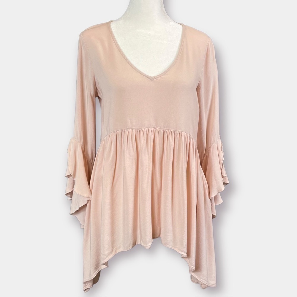NEW Cupio Soft Pink Hi Low Boho Ruffled Tunic Top Size Small